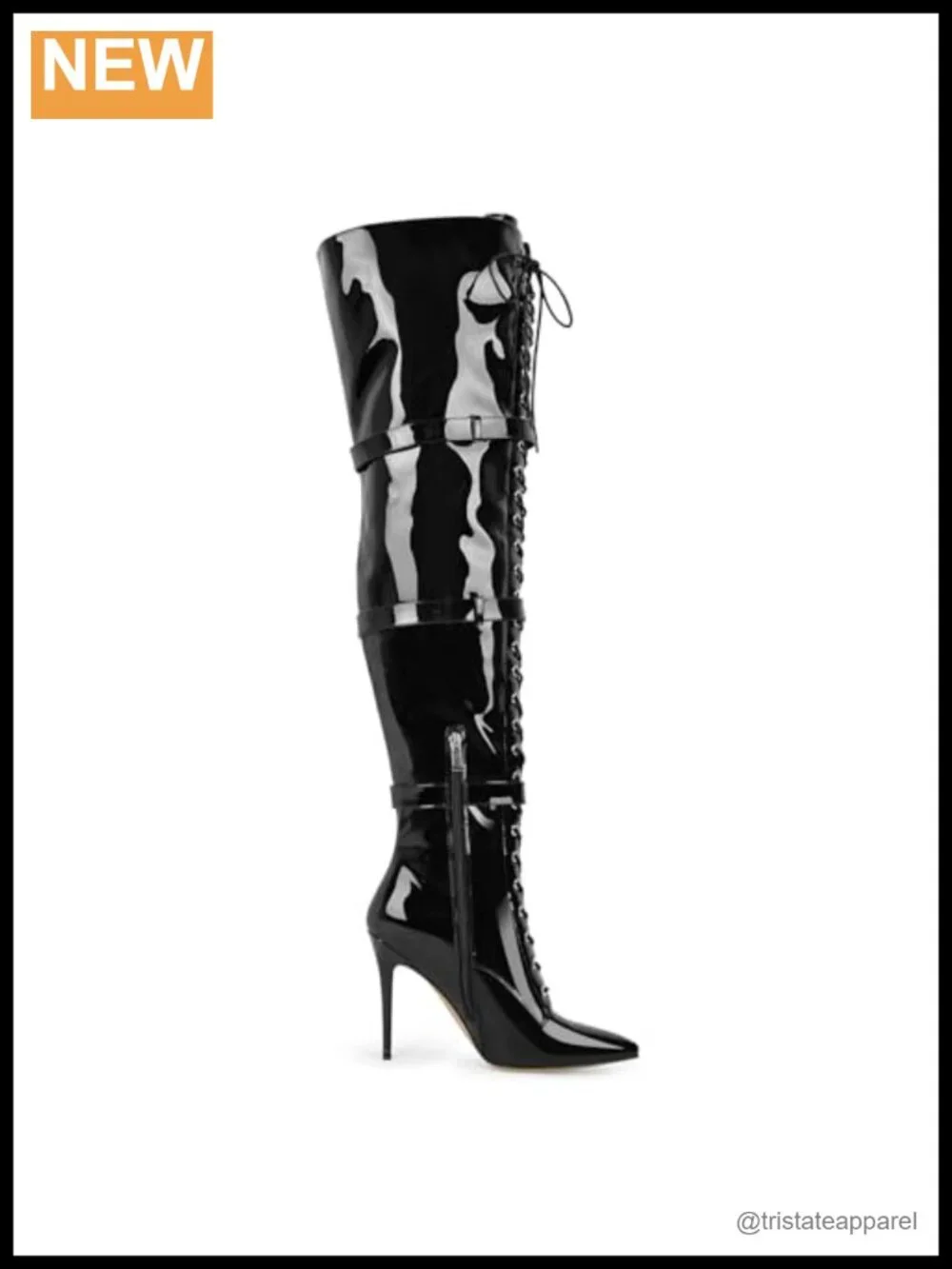 Thigh High Stiletto Boots Pointed Toe Adjustable Laces Metal Buckles Zipper